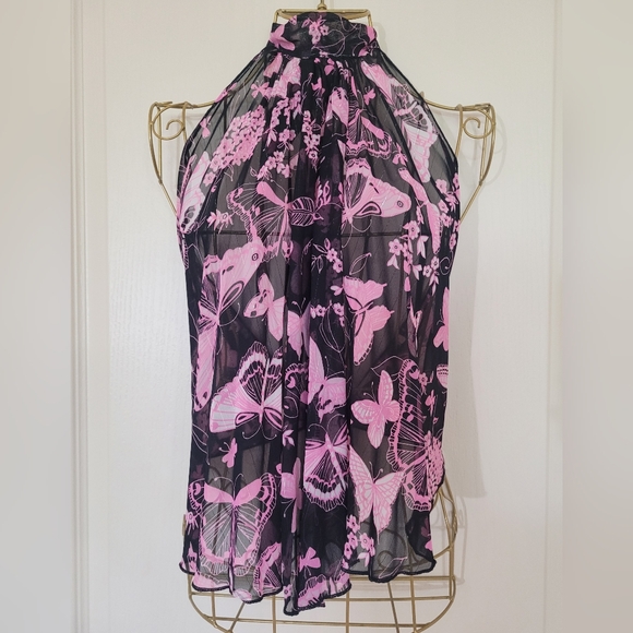 Unknown Tops - 19. Pink and Black Butterfly Flowy Halter Cut Top With Tie Back Size S